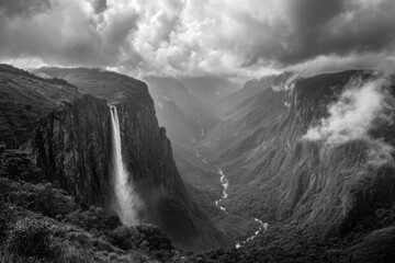 Dramatic Black and White Yosemite Valley Waterfall Landscape.