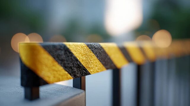 Yellow and black caution tape wrapped around a metal railing creates a barrier, potentially indicating a restricted area or hazardous condition