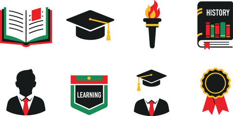 Education and achievement icons for black history month including books graduation caps and awards