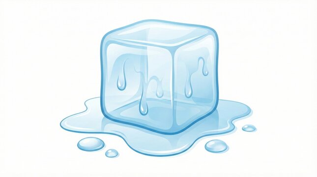 Melting ice cube with water drops,realistic 3D illustration on white background,concept of freshness,cold,temperature change,climate or summer heat metaphor