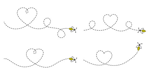Hand Drawn Cartoon Bee Flying on a Dotted Route. Vector illustration isolated on background.