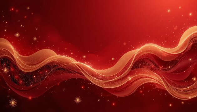 Vibrant red background with wavy golden lines and sparkling particles