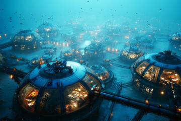 View of a mining complex underwater with modular habitat domes and robotic machines. Deep-sea creatures swim among the structures. Bright lights illuminate the scene