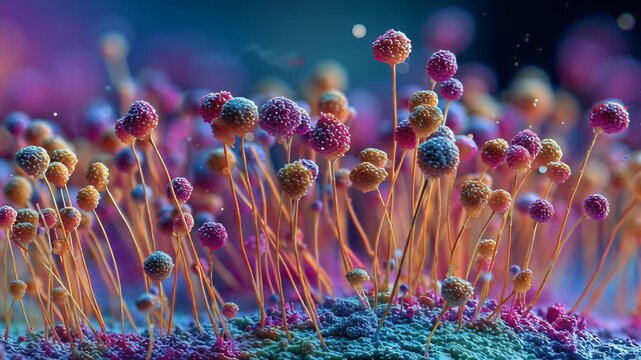 Colorful fungi grow on damp surface in close-up view during warm light setting in nature. Mold