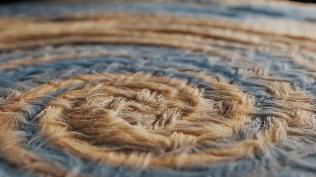Close-up view of a woven circular pattern with tan and blue threads forming a textured design