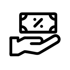 Line icon of a hand holding a discount voucher, isolated on a white background. Ideal for fintech apps, e-commerce blogs, and cashback reward topics.