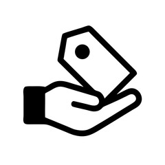 Flat line icon of a hand with a price tag, isolated on a white background. Perfect for e-commerce apps, shopping blogs, and retail discount promotions.
