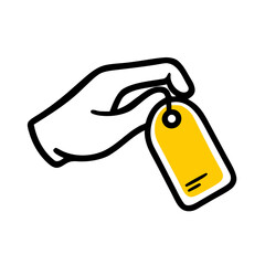 Doodle style icon of a hand holding a yellow tag, isolated on a white background. Perfect for lifestyle blogs, e-commerce sites, and boutique sales announcements.