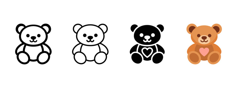 Teddy bear icon set with heart for love and gift concepts. Cute toy symbol in outline, solid and color styles, perfect for Valentine&rsquo;s Day, romantic designs, kids projects and greeting cards.