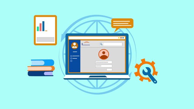 Online Learning and Technology Animation, Animation of a laptop with a login screen, surrounded by books, a tablet, a chat bubble, and a gear