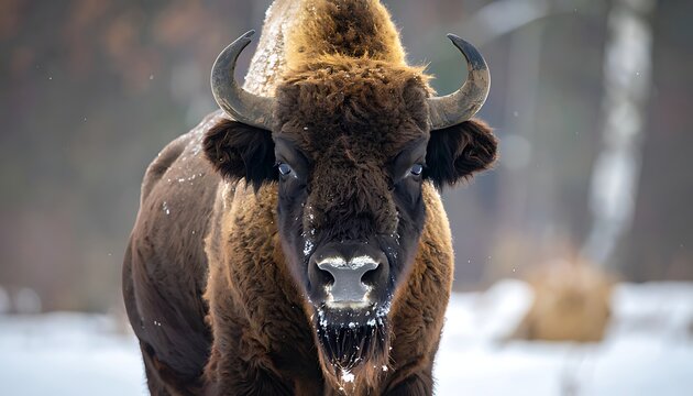 European bison portrait in winter forest, close-up view.