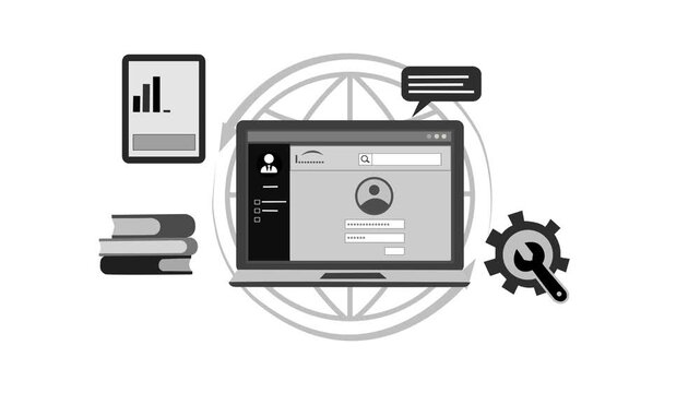 Online Learning and Technology Animation, Animation of a laptop with a login screen, surrounded by books, a tablet, a chat bubble, and a gear
