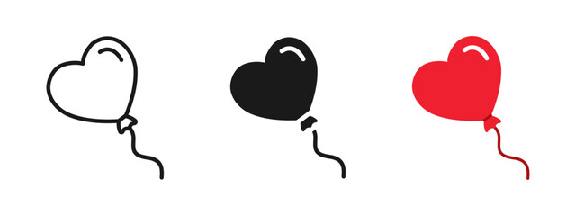 Fototapeta na wymiar Heart shaped balloon icon in outline, solid and flat styles. Romantic vector symbol for Valentine’s Day, wedding, birthday and party celebration. Love balloon icon isolated on white background.