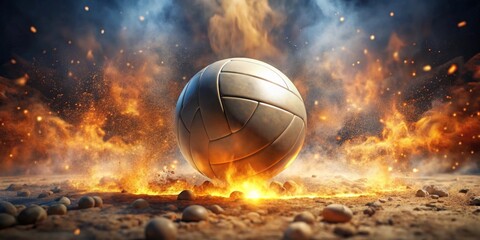 Fototapeta premium Fiery Volleyball Impact A Dynamic Sports Ball Crashing Through Embers and Sparks on a Rocky Surface