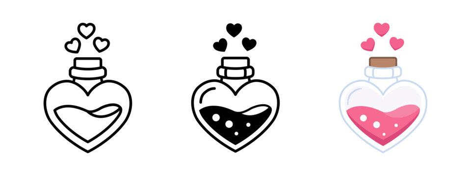 Love potion in heart-shaped bottle icon symbol for Valentine&rsquo;s Day. Romantic magic elixir illustration for love, fantasy, affection, gifts, cards and holiday design projects.