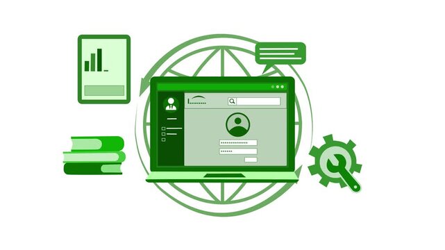 Online Learning and Technology Animation, Animation of a laptop with a login screen, surrounded by books, a tablet, a chat bubble, and a gear