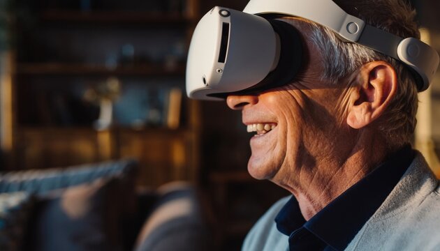 Happy Senior Man Experiencing Virtual Reality Technology at Home.