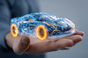 A human hand gently presents a futuristic, abstract representation of a sleek vehicle, composed of glowing blue polygonal lines and interconnected dots, forming a sophisticated wireframe model. Lumino