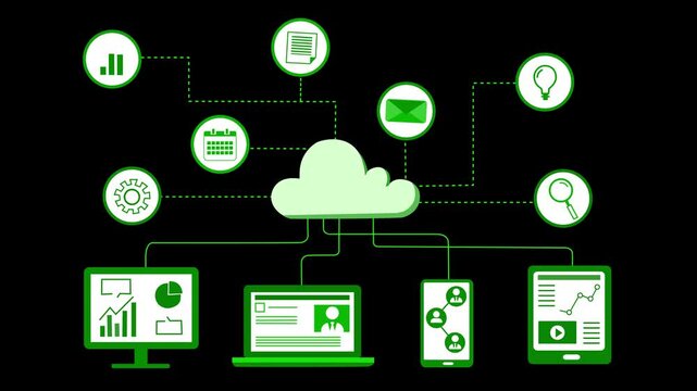 Cloud Computing and Connected Devices Animation, Animation of cloud computing with devices and icons connected to a cloud