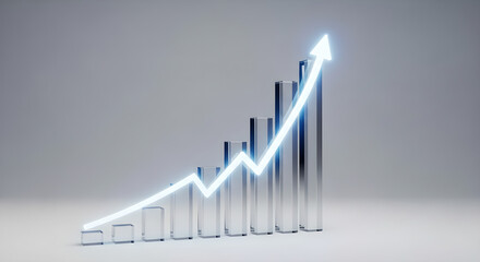 An elegant 3D bar chart with a glowing arrow pointing upwards on a minimalist gray background. This image symbolizes business success, economic growth, stock market recovery, business graph with arrow
