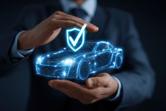 A professional's hands are gently positioned around a glowing, futuristic digital representation of a car, illuminated with interconnected lines forming a network. Above the sleek vehicle, a vibrant, 