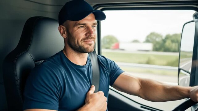 Caucasian man driving a vehicle, profile view, looking forward and smiling. Truck driver in a cabin with a side mirror view.