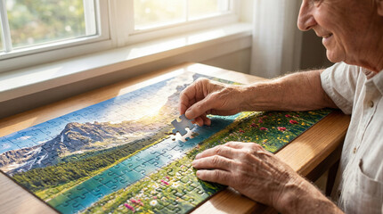 Close up of wrinkled hands placing the final piece into a landscape jigsaw puzzle representing cognitive triumph and Dementia brain training.
