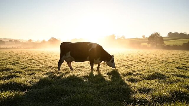 Golden Morning Light on a Grazing Cow in a Misty Field, rural morning concept