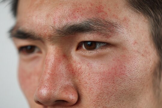 A detailed close-up shot captures the sensitive skin on the face of an individual, revealing an irritated surface with widespread redness and numerous small bumps across the forehead, cheeks, and nose