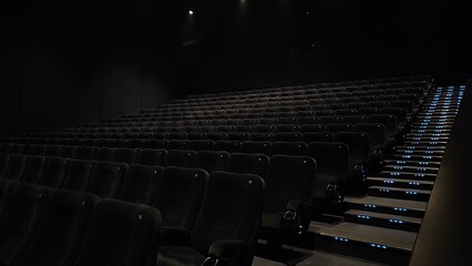 Obraz premium Empty cinema with rows of seats for film industry, movie theater websites, blog posts, or movierelated designs emphasizing solitude.