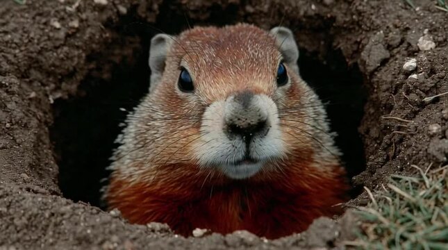 A humorous and inquisitive groundhog with a message Happy Groundhog Day! He emerges from his hole into the field