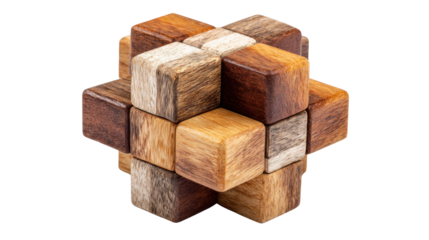 Wooden interlocking puzzle cube isolated on white background showcasing brain teaser toy logic game concept creativity problem solving design education intelligence focus
