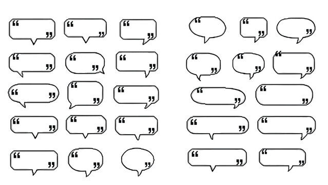 Large grid of simple black outline quote bubbles in various shapes with quotation marks for versatile graphic design and editorial use.