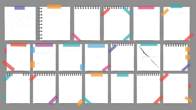 Large collection of blank white paper sheets and notepad pages secured with various colorful adhesive tapes on a grey background.