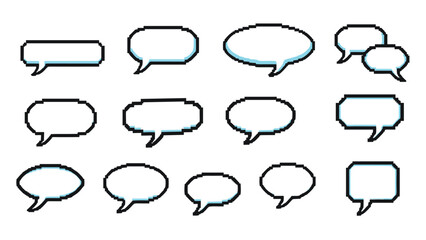 Fototapeta premium Pixel art speech bubbles with various rectangular and circular shapes are designed with a retro 8-bit aesthetic for digital icons.