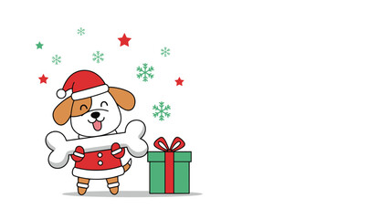 Cute puppy character wearing a Santa Claus hat and outfit holding a large bone treat next to a green gift box.