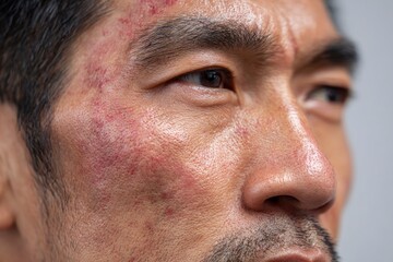 Obraz premium A macro shot of an adult's skin, displaying redness, inflammation, and texture. Prominent pores and small red bumps cover cheek and forehead. Ideal for health, dermatology, or sensitive skin topics.