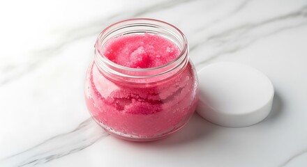 A pink sugar scrub in a glass jar on a marble surface with a white lid
