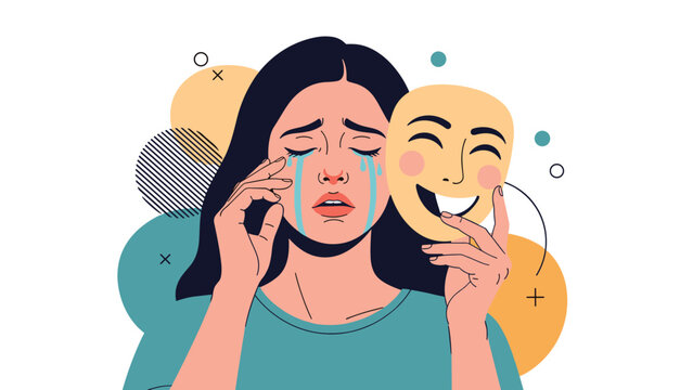 Emotional concept of a crying woman holding up a smiling yellow mask to hide her true feelings of deep sadness.