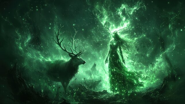 Mystical Green Forest Spirit with Deer in Magical Nature Scene