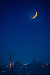 Crescent Moon Over Silhouetted Mosque Minarets at Dusk, Ramadan Kareem Sky, Jumma Mubarak Peace, Spiritual Cityscape