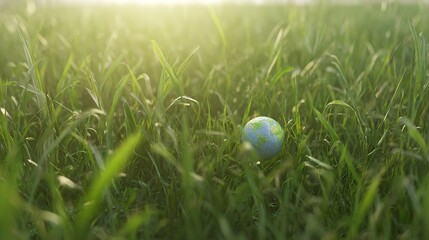 Fototapeta premium A small globe resting on lush green grass, symbolizing environmental awareness and global unity.