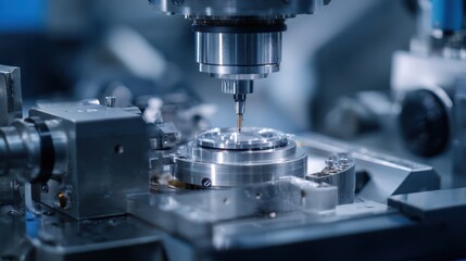 Fototapeta premium Medium shot of high precision robotic lens manufacturing showcasing exact alignment and intricate adjustments in a sterile production environment.