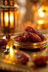 Glossy Dates on Wooden Plate with Glowing Lantern Background, Ramadan Kareem Iftar, Jumma Mubarak Blessings, Traditional Fast-Breaking Meal