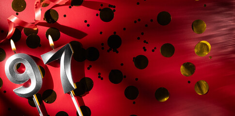 Concept of celebrating birthday and anniversary. Number 97 ninety-seven silver celebration birthday...