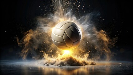 Fototapeta premium Dynamic Volleyball Soaring Through Golden Dust Cloud, a Powerful Image for Sports and Energy