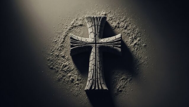 A Christian cross made of cracked stone lying in ash for Ash Wednesday. The start of Lent and a symbol of repentance and mortality. Somber religious background with copy space