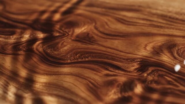 Close-up view of a wooden surface with intricate grain patterns and reflective light