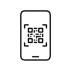 Minimalist line art icon of a smartphone scanning a QR code. Useful for fintech blogs, e-commerce sites, or tech apps regarding digital payments and security. White, background, isolated.