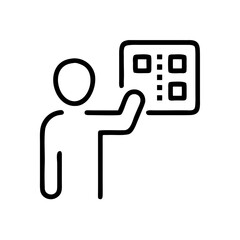 Flat vector icon of a cashier at a desk with a dollar sign, isolated on a white background. Ideal for fintech blogs, retail websites, and banking app topics.